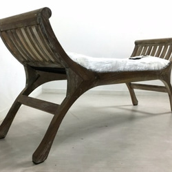 アンティーク調 チークスツール 毛皮 革張 無垢 ベンチ 椅子 3枚目の画像