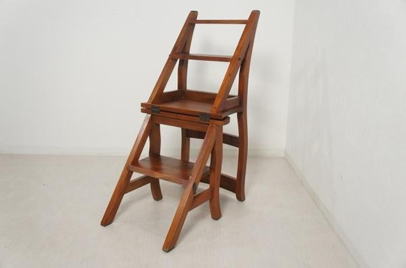 2WAY 銘木マホガニー 無垢材 ステップ チェア 踏み台 木製 椅子 脚立 ダーク 2枚目の画像