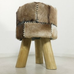 アンティーク調 ドラムスツール 毛皮張 チーク ハラコ クッションスツール 腰掛け 天然素材 3枚目の画像