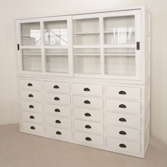 アンティーク調 マホガニー無垢材 特大 食器棚 キャビネット 引出し20杯 ガラス引き戸 収納【ホワイト】cab041