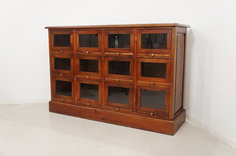 アンティーク調 シューズラック ショーケース カウンター 引出し12杯 収納 靴箱 店舗什器【マホガニー】oth233