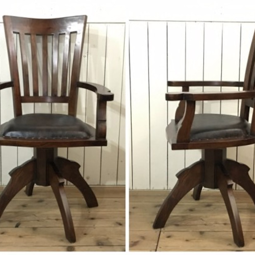 アンティーク調 木製回転アームチェア マホガニー無垢材 合皮