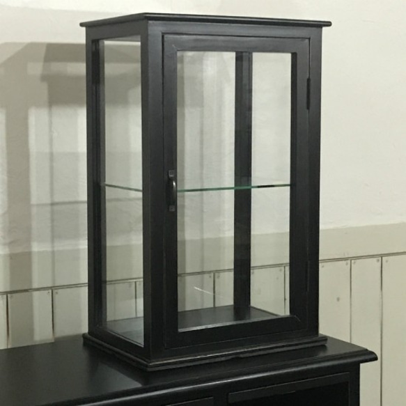 アンティーク調 卓上 ガラス棚 飾り棚 縦長 ショーケース 店舗什器 レトロ ブラック 1枚目の画像