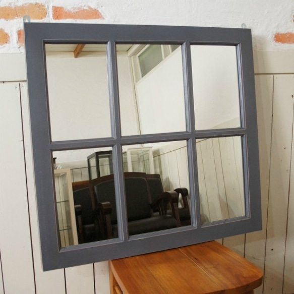 アンティーク調 木製窓枠 鏡 壁掛けミラー シャビー 6枠 グレー mir001
