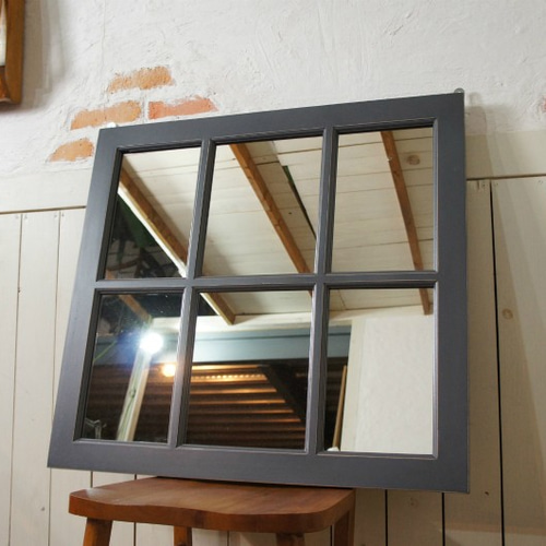 アンティーク調 木製窓枠 鏡 壁掛けミラー シャビー 6枠 グレー mir001