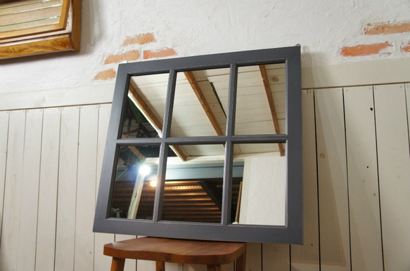アンティーク調 木製窓枠 鏡 壁掛けミラー シャビー  6枠 グレー mir001 2枚目の画像