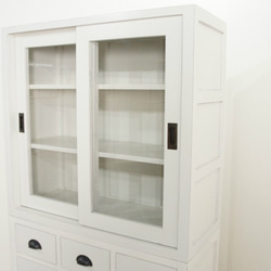 アンティーク調 スリムタイプ 食器棚 ガラス引き戸 抽斗15杯 ホワイト 3枚目の画像