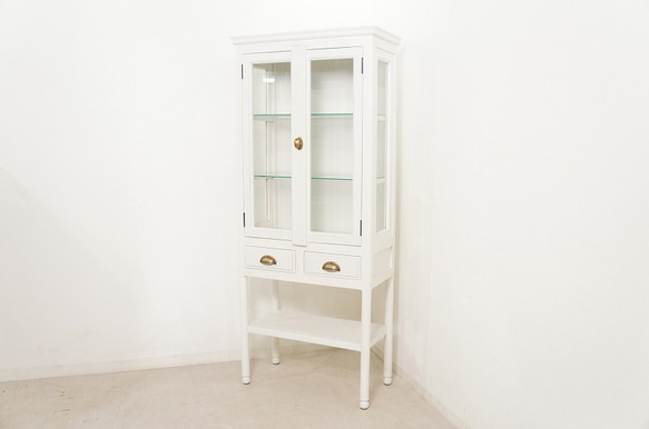 アンティーク ケビント 薬品棚 ガラスキャビネット ホワイト シャビー