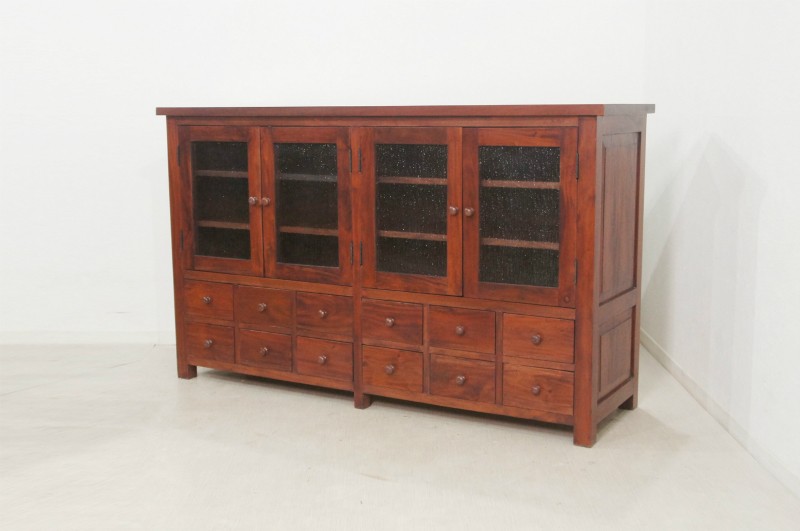 アンティーク調 マホガニー無垢 すりガラス扉 引出し12杯 食器棚