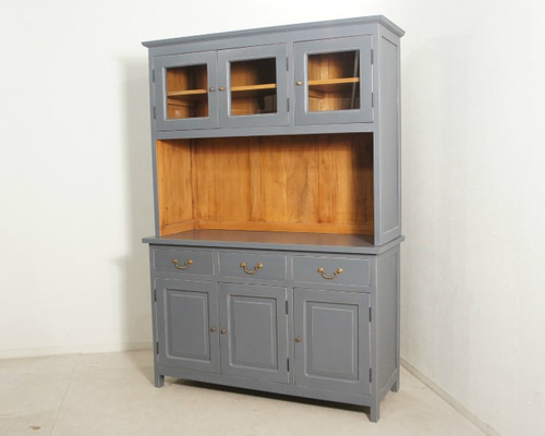 最安値】マホガニー カップボードキャビネット 食器棚 W1250 グレー