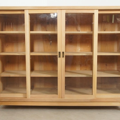 ミンディ無垢材 無塗装 ガラス扉 引き戸収納 キャビネット W120 cab644