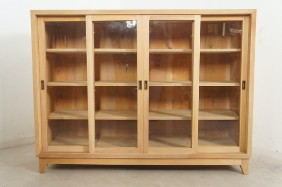 ミンディ無垢材 無塗装 ガラス扉 引き戸収納 キャビネット W120 cab644