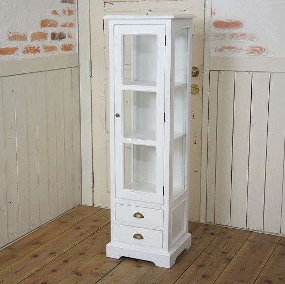 アンティーク調 スリムキャビネット ガラスショーケース コレクション 陳列収納 白家具 1枚目の画像