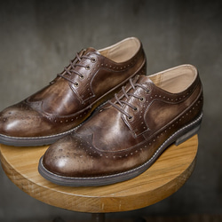 紳士靴ハラコレザーウイングチップハンドメイド本革靴牛革シューズ コーヒー送料無料 2枚目の画像