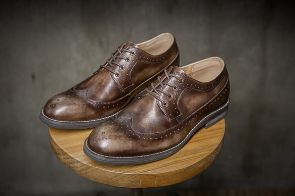 紳士靴ハラコレザーウイングチップハンドメイド本革靴牛革シューズ コーヒー送料無料 2枚目の画像