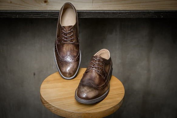紳士靴ハラコレザーウイングチップハンドメイド本革靴牛革シューズ コーヒー送料無料 3枚目の画像