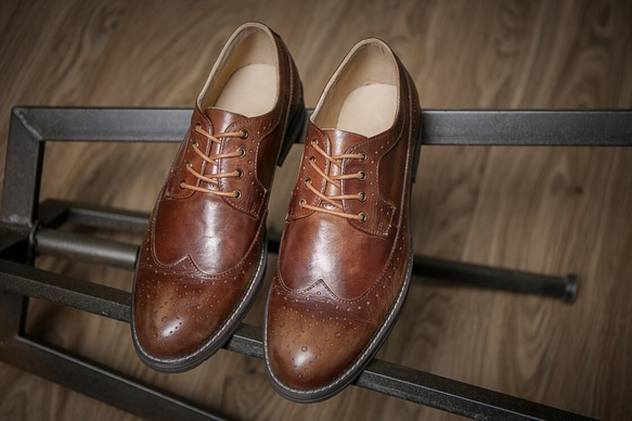 紳士靴ハラコレザーウイングチップハンドメイド本革靴牛革シューズ  ブラウン送料無料 1枚目の画像