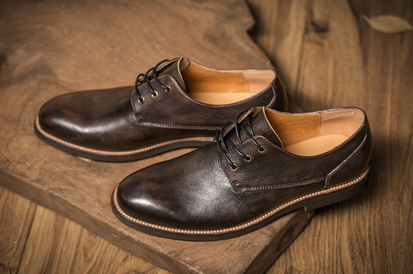 ラウンドトゥハラコレザー紳士靴シューズ子牛革ハンドメイド本革靴 ブラックグレー  送料無料 1枚目の画像