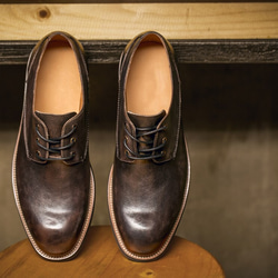 ラウンドトゥハラコレザー紳士靴シューズ子牛革ハンドメイド本革靴 ブラックグレー  送料無料 4枚目の画像