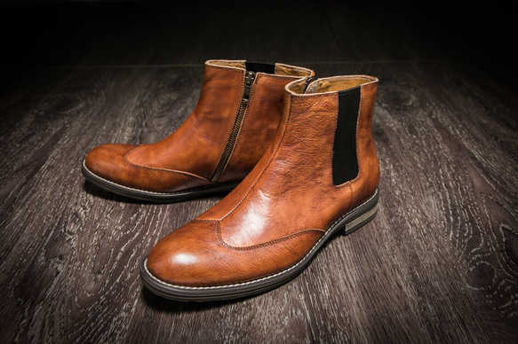 オーバルトゥハラコレザーハンドメイド本革靴ショットブーツ 送料無料 2枚目の画像
