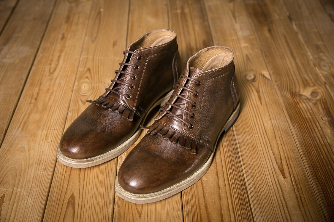 フリンジタッセルハラコレザーショットブーツハンドメイド子牛革靴 コーヒー 送料無料