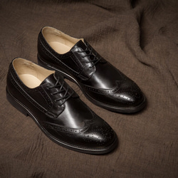紳士靴ハンドメイドウイングチップハラコレザーシューズ手作り子牛革靴 2枚目の画像