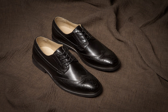 紳士靴ハンドメイドウイングチップハラコレザーシューズ手作り子牛革靴 2枚目の画像