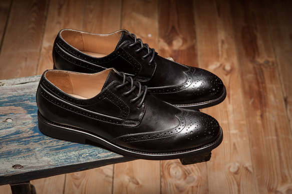 紳士靴ハンドメイドウイングチップハラコレザーシューズ手作り子牛革靴 3枚目の画像