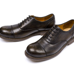 ハラコレザーウイングチップハンドメイド子牛革靴カジュアルシューズ手作り紳士靴 ブラック 送料無料 4枚目の画像
