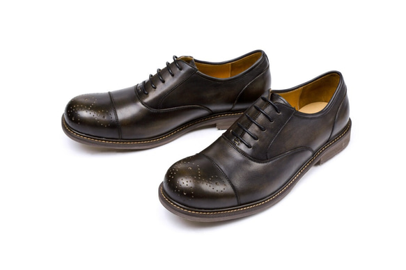 ハラコレザーウイングチップハンドメイド子牛革靴カジュアルシューズ手作り紳士靴 ブラック 送料無料 4枚目の画像