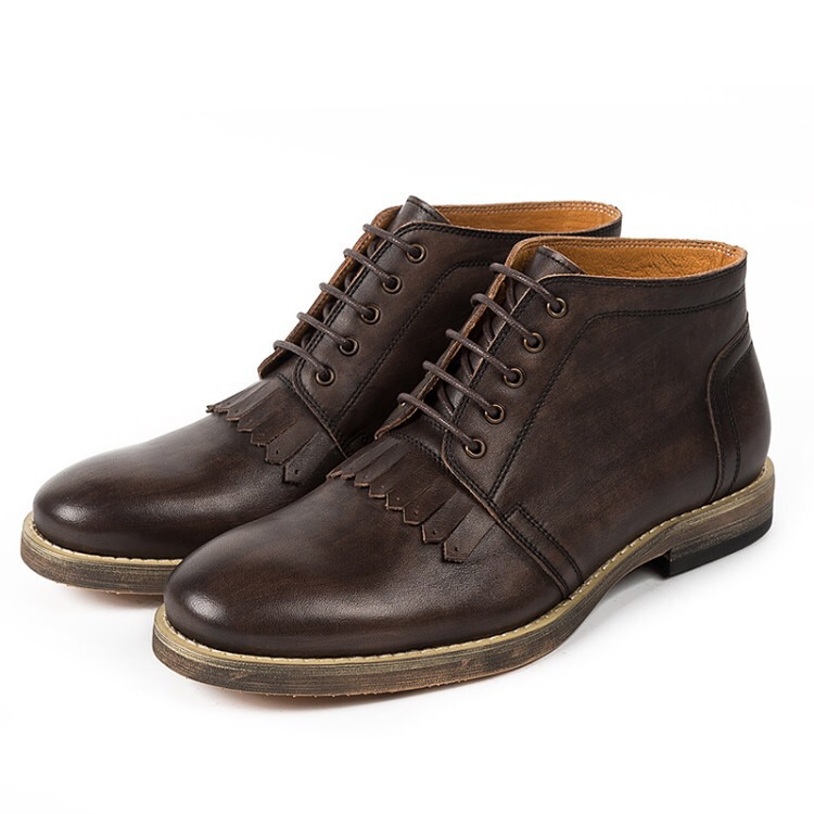 手作り子牛革タッセルブーツハラコレザーフリンジショットブーツ コーヒー 送料無料