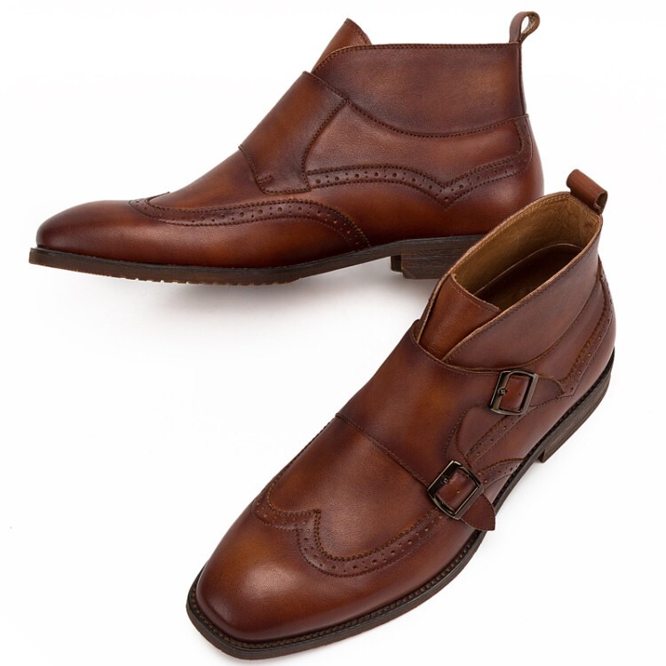 ハンドメイドウィングチップハラコレザージョドパーブーツ子牛革短靴 ブラウン 送料無料