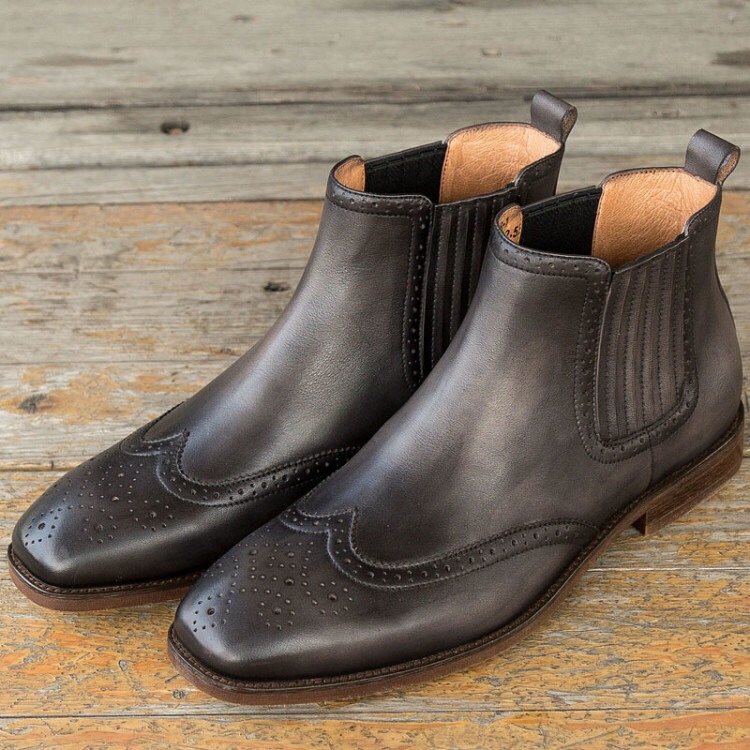 手作り子牛革ウイングチップゴアブーツ 灰黒 送料無料