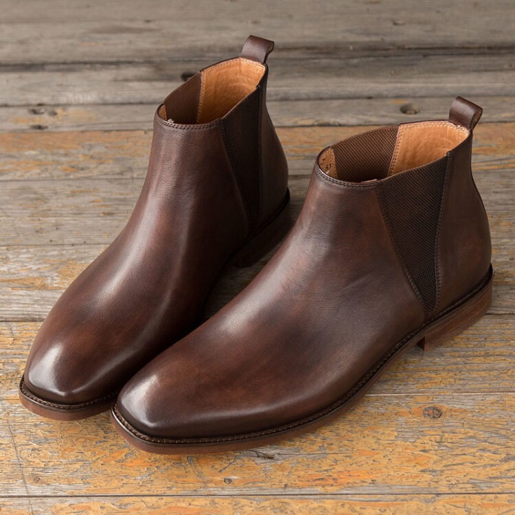 手作りハラコレザースクエアトゥサイドゴアブーツ子牛革シューズ コーヒー 送料無料