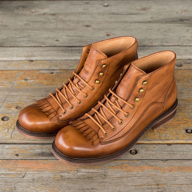 ラウンドトゥキルトフリンジ手作りハラコレザーショットブーツ子牛革靴 ブラウン 送料無料