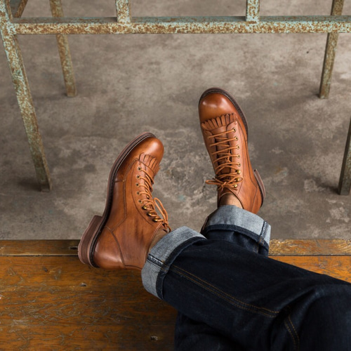 ラウンドトゥキルトフリンジ手作りハラコレザーショットブーツ子牛革靴