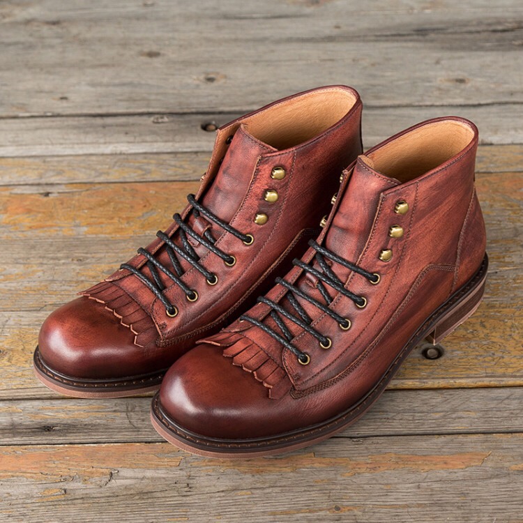 ラウンドトゥキルトフリンジ手作りハラコレザーショットブーツ子牛革靴 ワインレッド 送料無料 32,500円