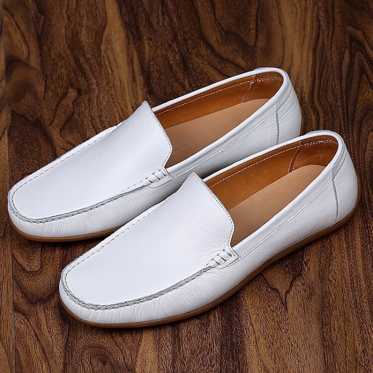 手作りハラコレザー真っ白モカシンローファーカジュアルシューズ 送料無料