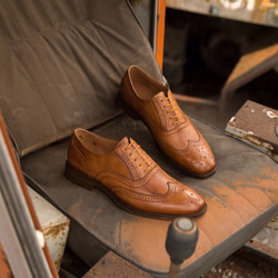 手作り紳士靴ハラコレザーロングウイングチップカジュアル子牛革シューズ ブラウン 送料無料 3枚目の画像