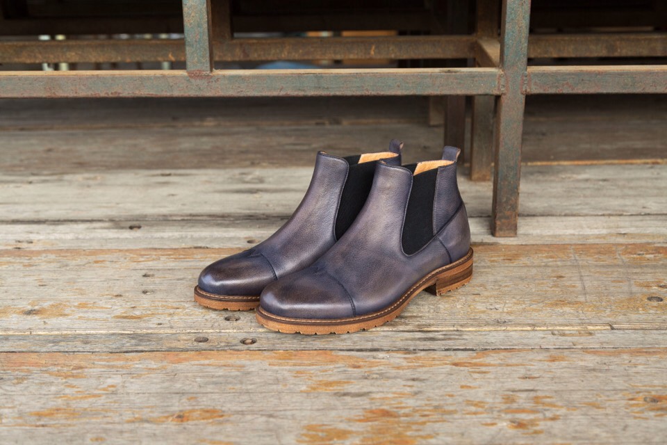 手作り子牛革サイドゴアブーツ 灰青 送料無料