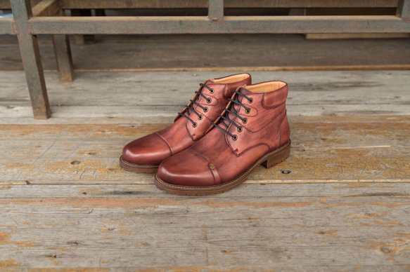 手作り子牛革深靴ストレートチップショットブーツ ワインレッド 送料