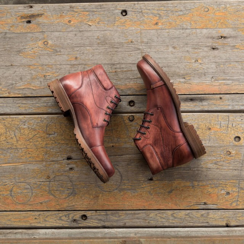 手作り子牛革深靴ストレートチップショットブーツ ワインレッド 送料