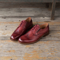 手作りウイングチップハラコレザー子牛革靴紳士靴 ワインレッド 送料