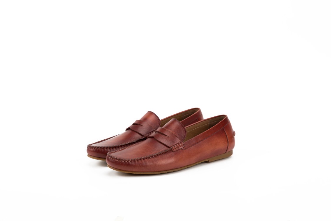 ハンドメイドハラコレザーカジュアルメンズローファーシューズ レッド×ブラウン 送料無料