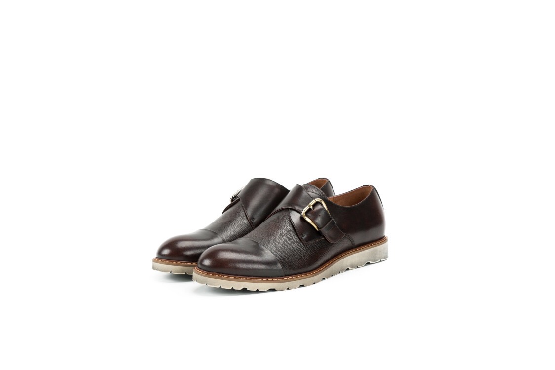 ハンドメイドハラコレザーカジュアルモンクストラップメンズシューズ コーヒー 送料無料