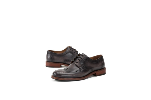 紳士靴ハラコレザーウイングチップカジュアルメンズシューズ 黒×灰 送料無料 4枚目の画像