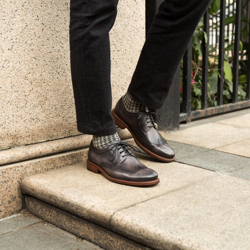 紳士靴ハラコレザーウイングチップカジュアルメンズシューズ 黒×灰  
