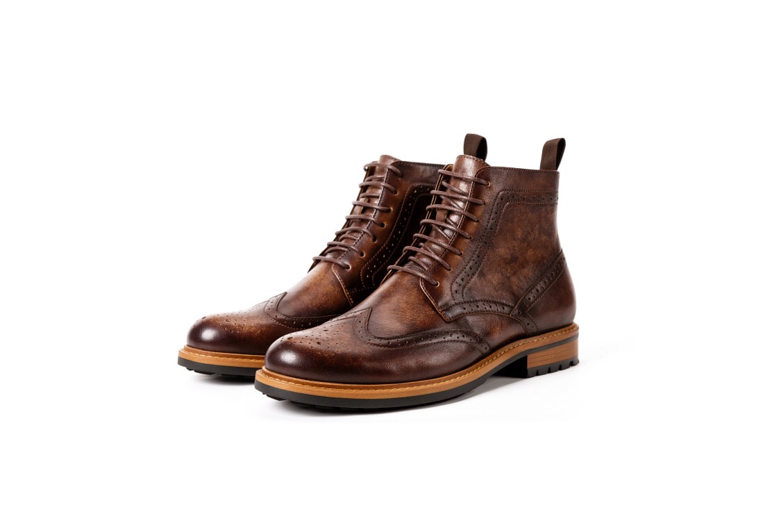 ハンドメイド子牛革靴ハラコレザーウイングチップレースアップショートブーツメンズ牛革靴筒丈12cmコーヒー送料無料