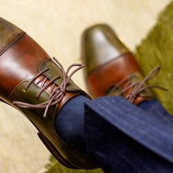 手作りハラコレザーストレートチップ紳士靴子牛革靴ビジネス羽根式メンズシューズ グリーン×ブラウン 送料無料 6枚目の画像