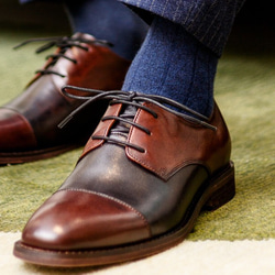 手作りハラコレザーストレートチップ紳士靴子牛革靴ビジネス羽根式メンズシューズ グレー×コーヒー送料無料 6枚目の画像